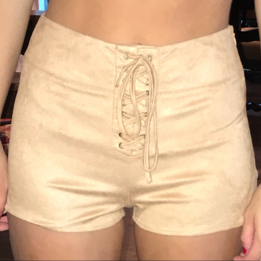 Tan Suede Lace-Up Shorts